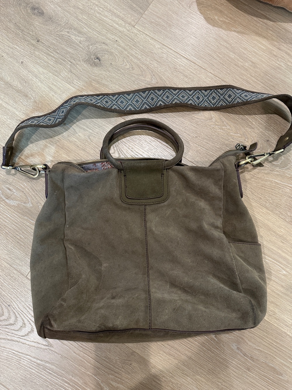 HOBO Olive Suede Shoulder Bag with Patterned Strap